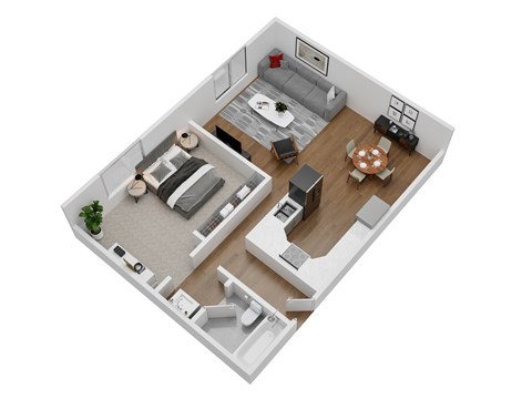 A top-down view of a modern living room and kitchen area.